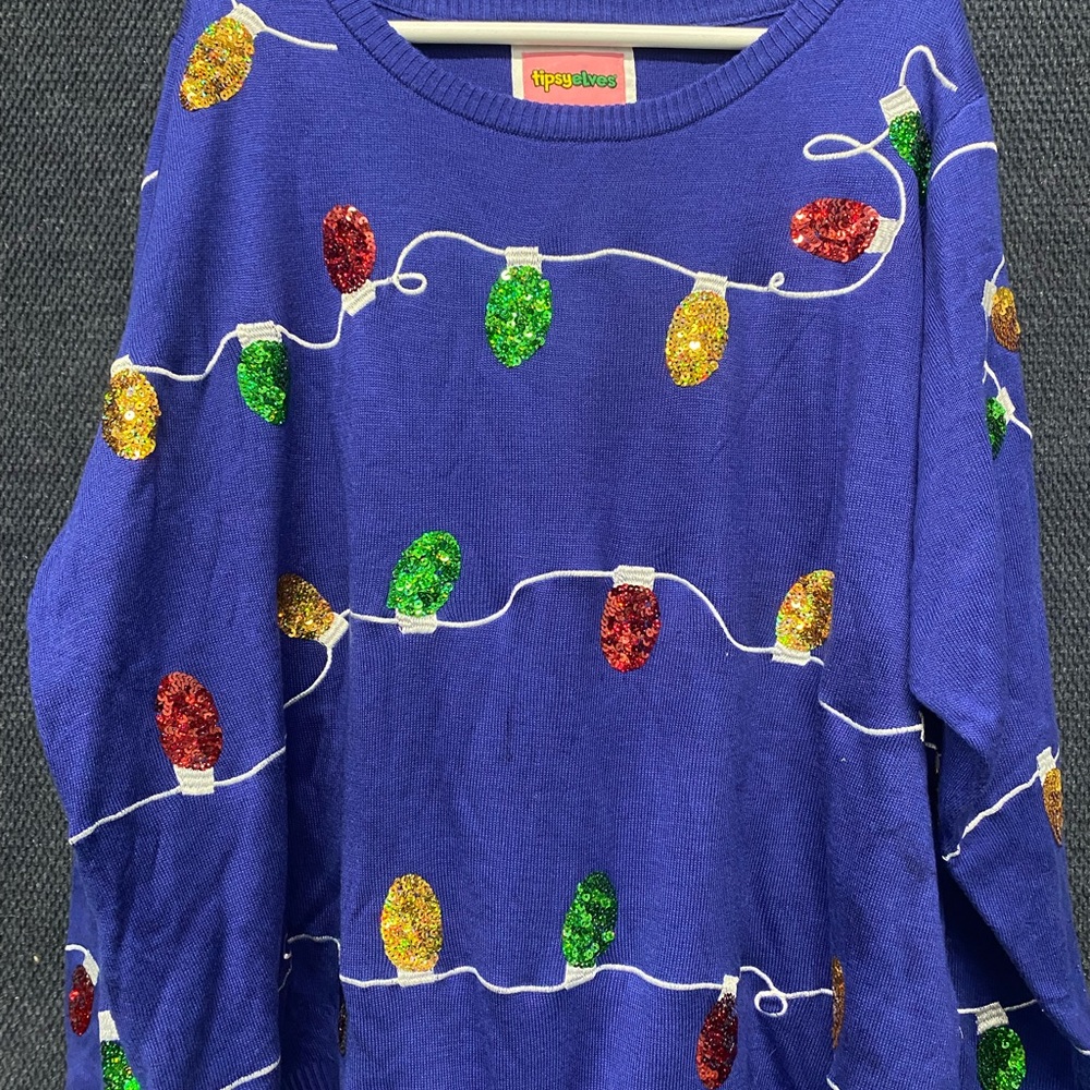Tipsy Elves Festive Blue Sweater with Colorful Lights